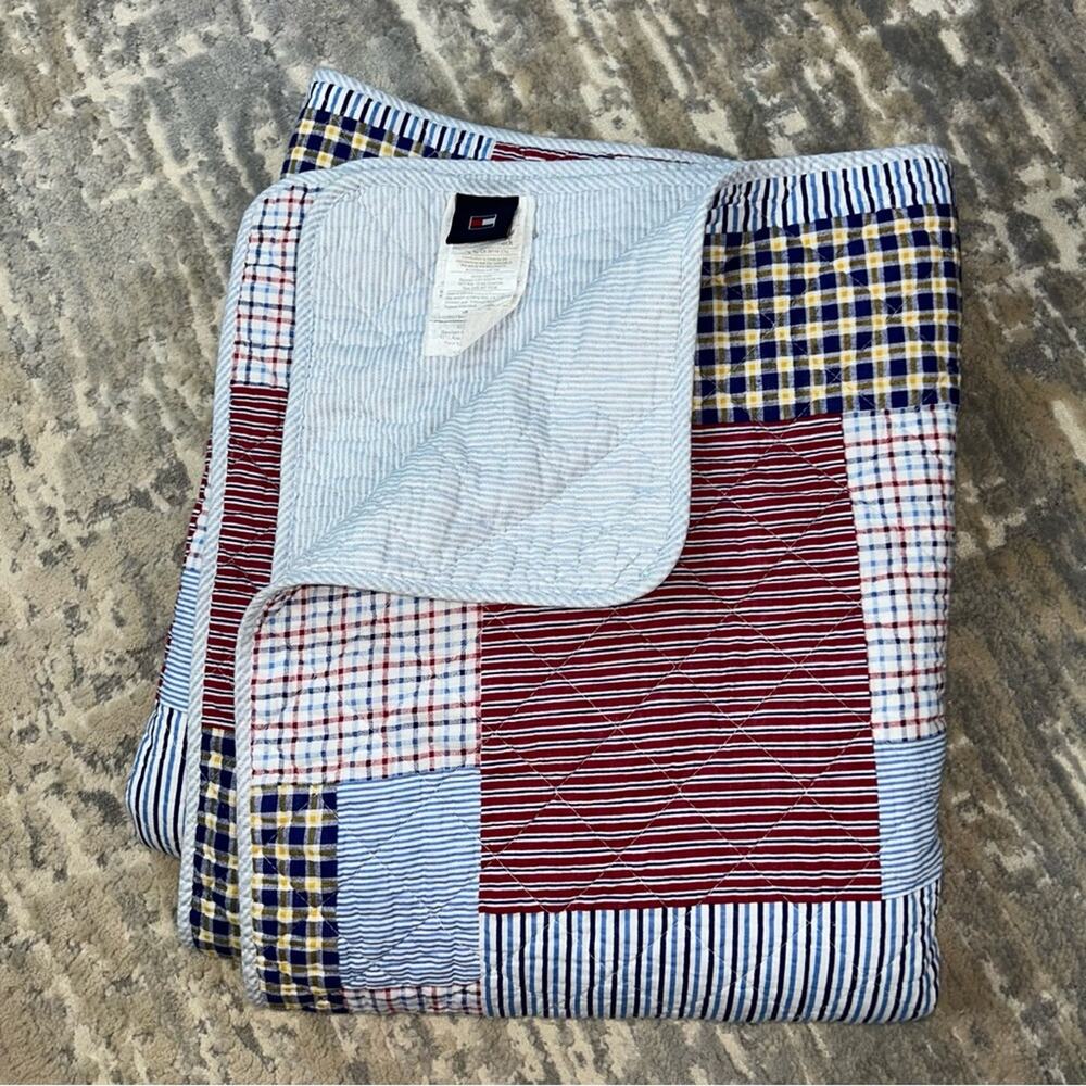 Vintage Tommy Hilfiger Madras Patchwork Nautical Reversible Quilt Twin Size